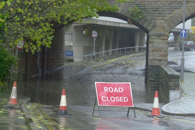 Shude Hill closed behind Ponds Forge due to flooding 20 years ago this month