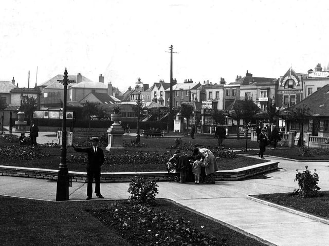 Gosport Esplanade Gardens. Admiral Gambier's old drinking fountain, built in 1870, is visible on the left of this view of Esplanade Gardens from about 1930. Note the diversity of building styles fronting Beach Street, including the Alexandra Dining Rooms