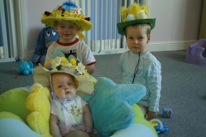Charlie Clark, Sam Spetch and Jodie Daniels won the Easter bonnet competition at Treasures Nursery in Staveley in 2007.