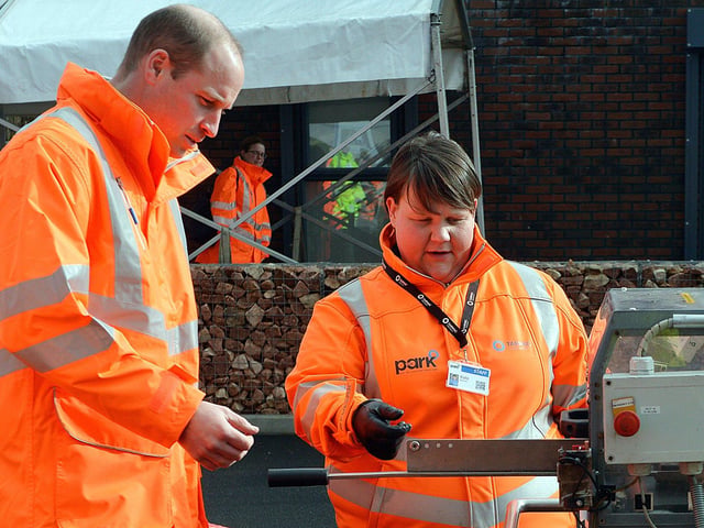 The Duke of Cambridge visits Tarmac's national skills and safety park to officially open the centre. The Duke of Cambridge being shown the conveyor belt safety device by trainer Katie Barrett.