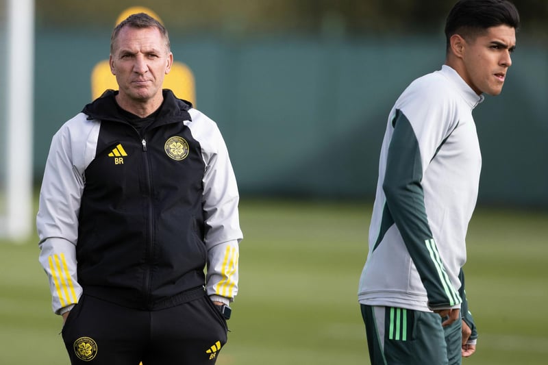 Celtic manager Brendan Rodgers with new signing Luis Palma during a training session at Lennoxtown.