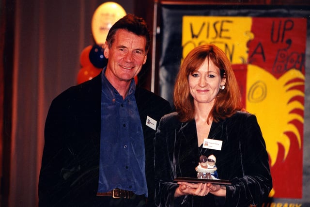 Guest of honour, Michael Palin and overall winner, J. K. Rowling at the Sheffield Children's Book Award at the Crucible Theatre, 1998