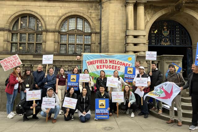 Supporters of Sheffield's status as a City of Sanctuary at a rally held outside Sheffield Town Hall before the policy was reaffirmed at a council meeting. Picture: City of Sanctuary Sheffield