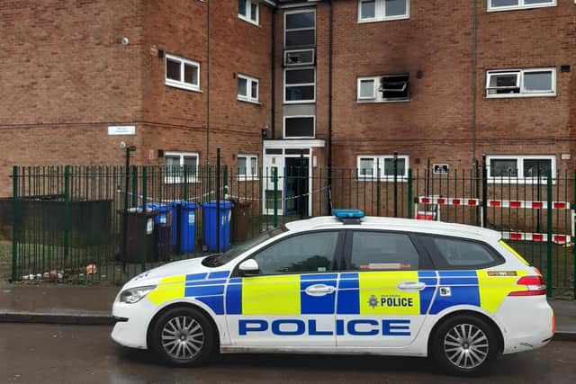 Police officers remain at a block of flats in Sheffield where a fire broke out last night (Photo: Robert Cumber)