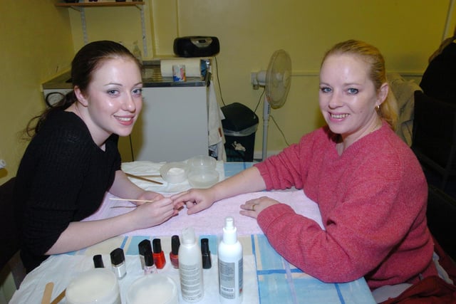 L-R= Harriet Jones of Doncaster College offered their service of nail and beauty therapy to Lynda Kennady of Hyde Park on International Womens Day at the YWCA in 2006