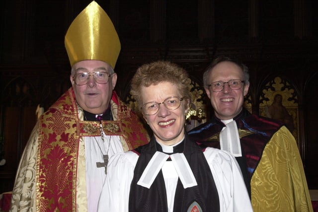 Pictured in 2003 at the Rotherham Parish Church, where the Induction of Rev Jane Elizabeth Margaret Sinclair as the new vicar of Rotherham. She is seen with the Bishop of Sheffield Rt Rev Jack Nicols, and the Archdeacon of Sheffield  Ven Richard Blackburn.