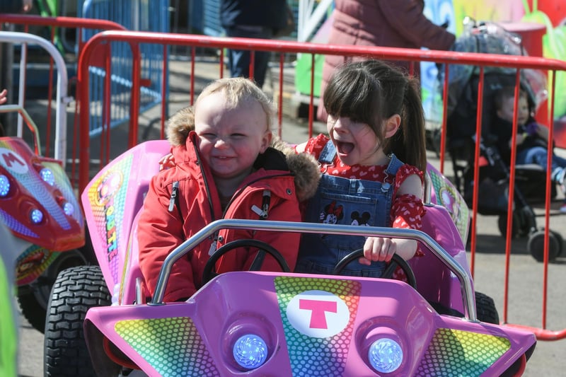 Daniel Hamilton and Scarlett Stevens having all the fun of the fair at South Shields on Monday.
