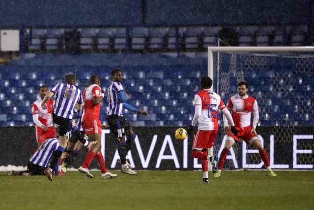 Adam Reach scores Sheffield Wednesday's second goal in the 2-0 win over Wycombe Wanderers at Hillsborough this evening. (Photo by Alex Pantling/Getty Images)
