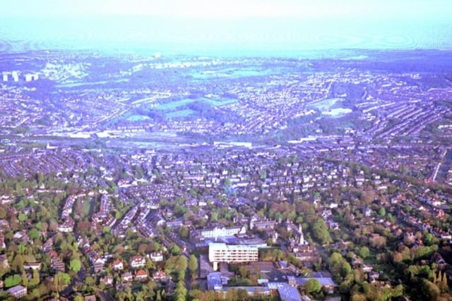 An aerial View of the Nether Edge area of Sheffield from a hot air balloon, with the former Nether Edge Hospital in the foreground