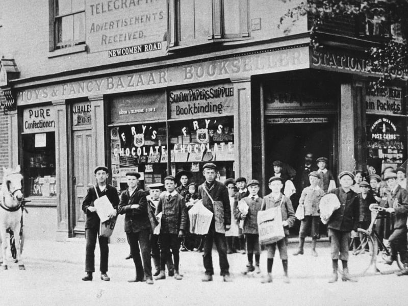The name Stamshaw was originally made up of two Saxon words, stam meaning post and shaw, which was an old way of spelling shore, while Tipner was Tippanora, named after a  Saxon called Tippa who owned a stretch of shore - with an 'n' added to a person's name rather than an apostrophe to create Tippan ora meant Tippa’s ora.
Stamshaw was farmland for centuries, although there was a magazine at Tipner in the 19th century where gunpowder was stored but it became populated as terraced housing was built during the late 19th century and early 20th century for dockyard workers and their families.
Pictured: News boys standing on the road, corner of Twyford Avenue and Newcomen Road, Stamshaw in 1905.