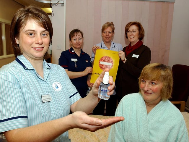 In 2005 healthcare assistant Amanda Foteringham helped to launch the 'clean your hands campaign' at Doncaster Royal Infirmary. Looking on are patient Linda Brown, of South Kirkby, and back row, from left, Matron-Medical Directorate, Jo McQuade, staff nurse Sandra Miller and Lisa Young, lead nurse infection control.