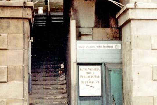 Steps leading to Victoria Station and Royal Victoria Hotel, from The Wicker 1983