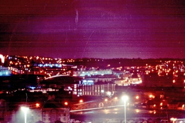 Night-time view of the Nunnery area of Sheffield, including the Royal Victoria Hotel, from Park Hill, in 1987