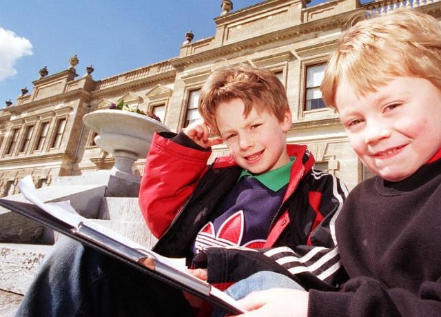 Richard and Nicholas on an Easter egg hunt at the hall in 1998.