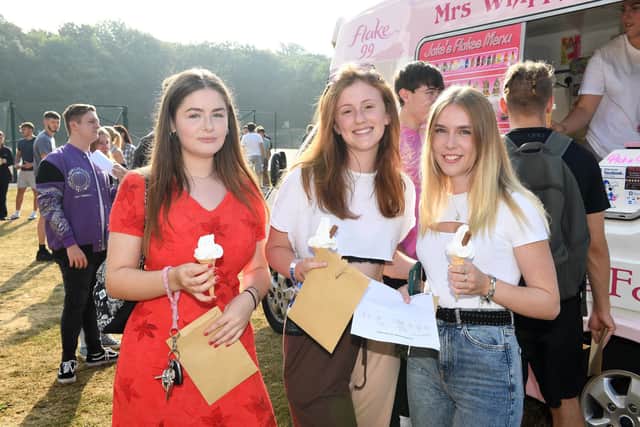 Students collecting their A-Level results at Bay House School & Sixth Form in Gosport, Hampshire.
L-R Anna Batten, Shona Johnston, Daisy Kenyon all 18 having an ice cream. 
Photo: Paul Jacobs/pictureexclusive.com
