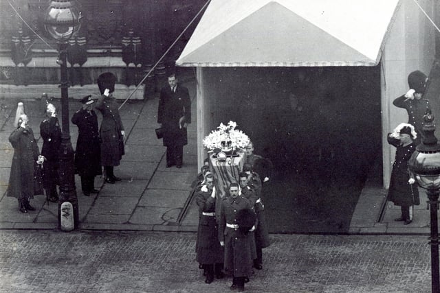 King George VI's coffin is borne from Westminster Hall, February 15, 1952