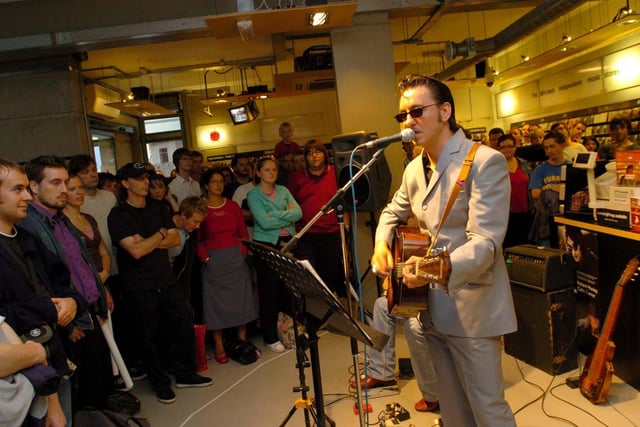 Richard Hawley is pictured performing at record store Fopp on Division Street in September 2005. The branch, on the site of the old Warp Records shop, closed in 2007 when the business called in receivers. Some Fopp sites were later saved by HMV and still trade today, but not Sheffield's.