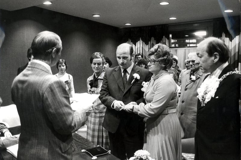 The Lord Mayor and Lady Mayoress of Sheffield, Coun and Mrs Peter Jackson, visited the Sheffield Register Office, where they met the Superintendent Registrar Kenneth Clayton and also acted as witnesses at two of the weddings taking place there on December 12, 1978. Pictured, the Lord Mayor and Lady Mayoress stand alongside the bride and bridegroom, Cedric Briggs and Rose Bates, both of Gervase Road, Greenhill, Sheffield, as they face Registrar Mr Clayton