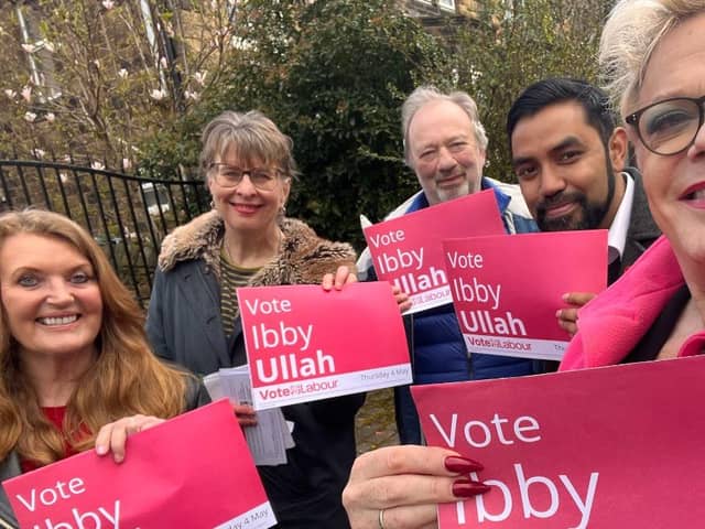 Suzy Eddie Izzard with Ibby Ullah, Labour candidate for Nether Edge and Sharrow in the upcoming local elections, and other party campaigners. Photo: Suzy Eddie Izzard