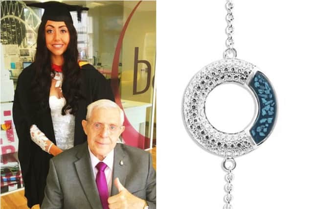 Bethany Bratby with her grandad Kenneth Storey and the distinctive bracelet which has been stolen.