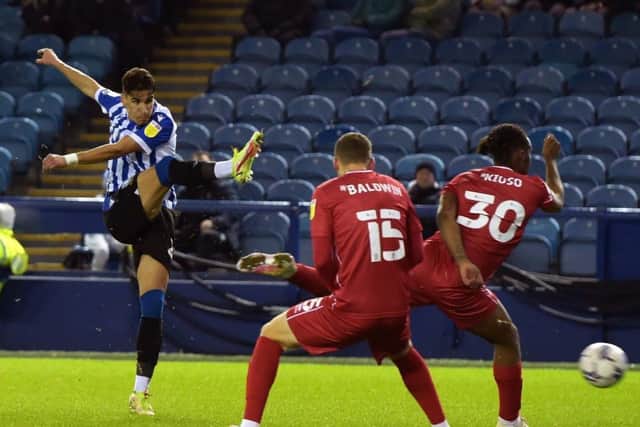 Theo Corbeanu shoots to no avail in Sheffield Wednesday's clash with MK Dons.