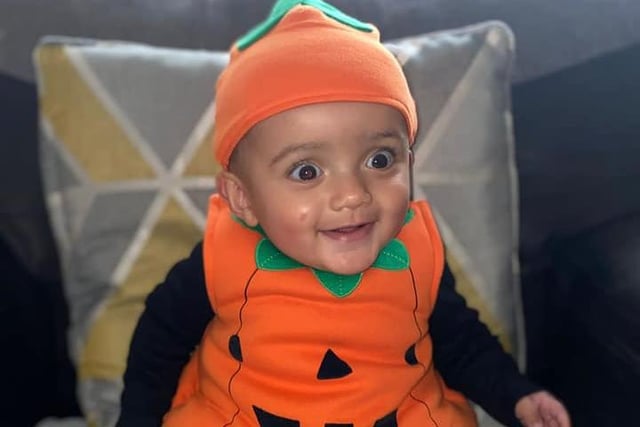 Jenson really looks the part during his first Halloween.