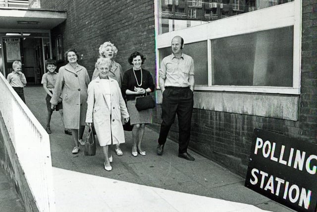 Park Hill Flats residents leaving the polling station after voting in the 1970 General Election.