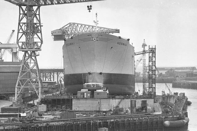 The launch of the Kosmajfrom the North Sands shipyard of Sunderland Shipbuilders in August 1977.