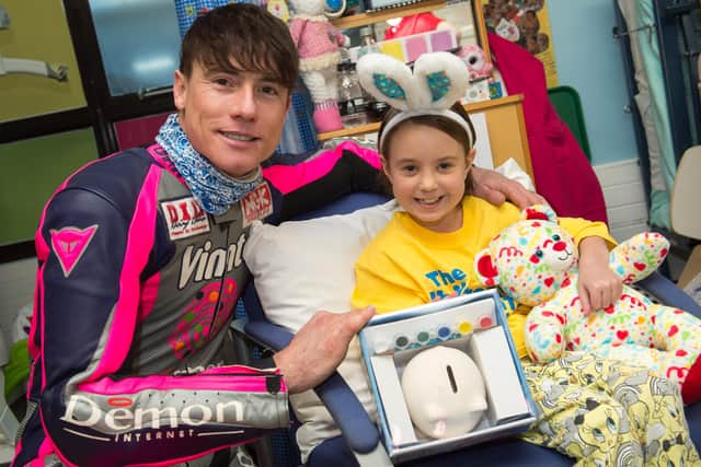 Sheffield Children's Hospital Easter Egg Run 2018, James Toseland delivers an Easter gift to Cooper Little, James Toseland raised £4,000 with an online raffle and auction. Pictured here with patient Cooper Little