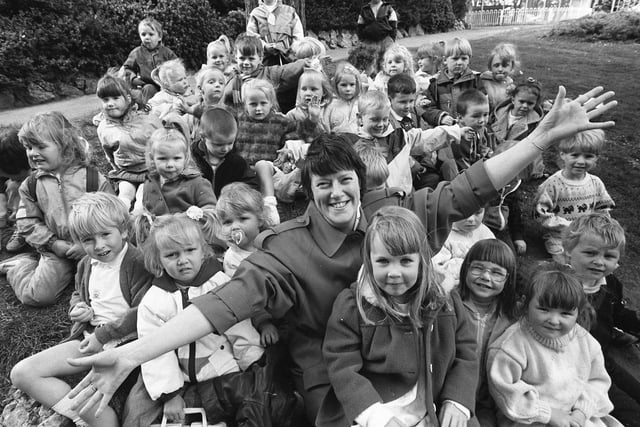 They were ready to go on a sponsored toddle with teacher Margaret Naisbett leading the way at St Columba's Nursery in 1990. Does this bring back memories?