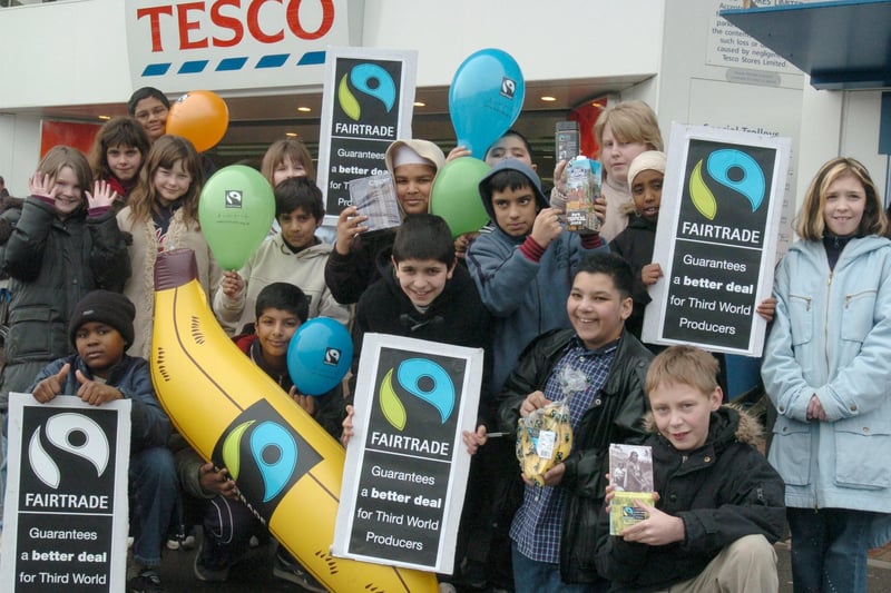 Some of the  Abbeydale School pupils   drawing  attention to   Fairtrade products from the third world at Tesco Abbeydale Road March 2004