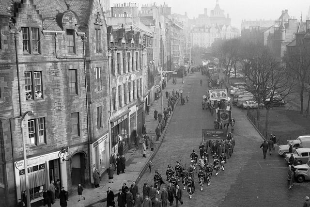 A miners protest rally about pit closures is pictured on the Grassmarket on its way to the Usher Hall in January 1962.