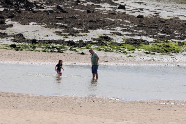 Testing the water temperature at Alnmouth.