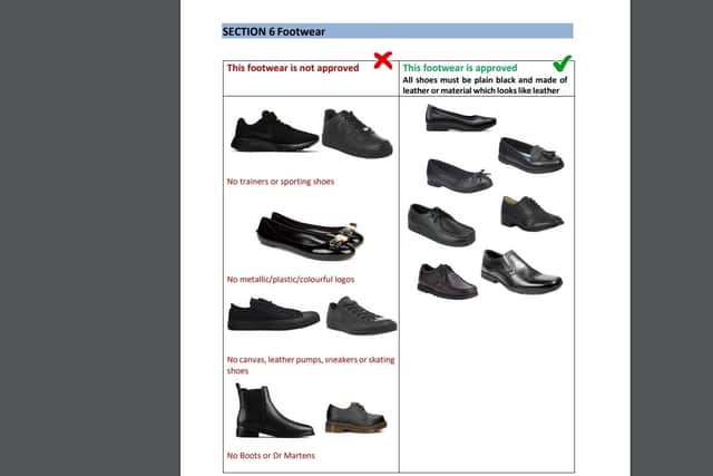 A guide to the new shoes policy published on the Aston Academy website, showing how all shoes other than those that are made of leather or a similar-looking material will be restricted.