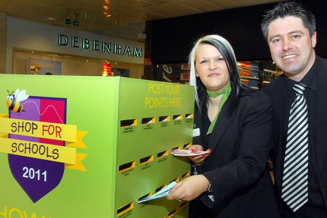 our Seasons operations manager, Martin Moran and customer servies advsior Claire Barker pictured at the launch of the Shop for Schools scheme in 2011