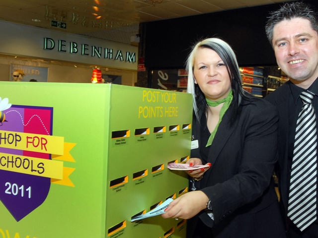 our Seasons operations manager, Martin Moran and customer servies advsior Claire Barker pictured at the launch of the Shop for Schools scheme in 2011