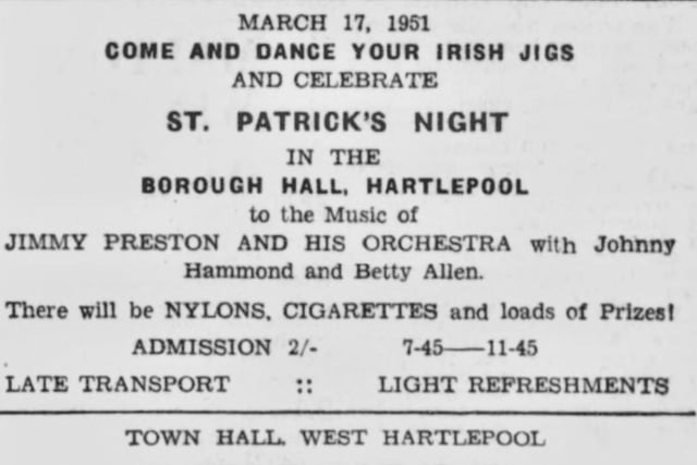 An advert for the 1951 St Patrick's Night dance at the Borough Hall. Photo: Hartlepool Museum Service.