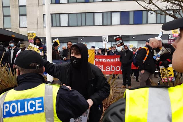 Police and protesters in Manvers, Rotherham, where anti-fascism protesters and anti-immigration demonstrators staged rival rallies on Saturday, February 18 near a hotel housing asylum seekers