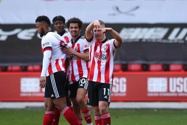 Zak Brunt of Sheffield Utd celebrates scoring the second goal during the Professional Development League match at Bramall Lane, Sheffield. Picture date: 22nd March 2021. Picture credit should read: Simon Bellis/Sportimage