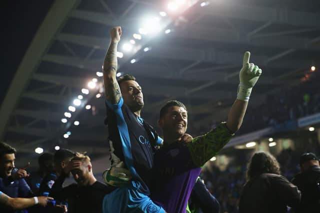 Ross Wallace and Keiren Westwood of Sheffield Wednesday celebrate with team mates after the Sky Bet Championship Play Off semi final second leg match between Brighton & Hove Albion and Sheffield Wednesday at the Amex Stadium on May 16, 2016 in Brighton, United Kingdom. Sheffield Wednesday win 3-1 on aggregate to reach the play off final.  (Photo by Bryn Lennon/Getty Images)