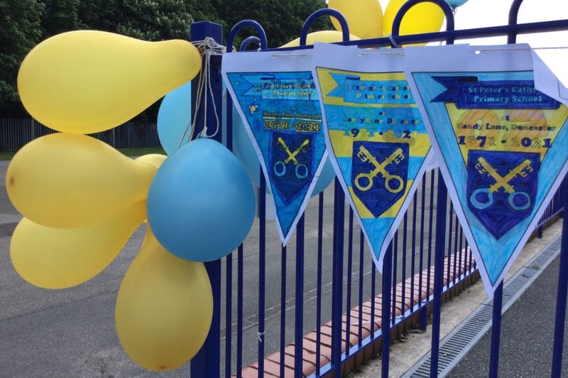 Bunting adorned the entrance to the school