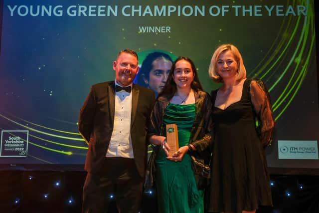 Lee Firth, academy manager at sponsor ITM Power, with Young Green Champion Safaa Shreef and Philippa Forrester.