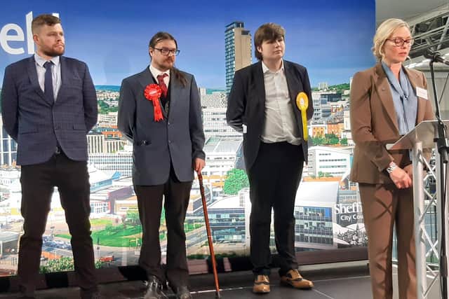 Nathaniel Menday, left, at the Sheffield City Council election count on Friday, May 8, 2026 when his victory for Reform UK in the Woodhouse ward was announced. Also pictured left to right are Labour candidate Danny Allsebrook and defeated LibDem Willis Marshall. Picture: Julia Armstrong, LDRS