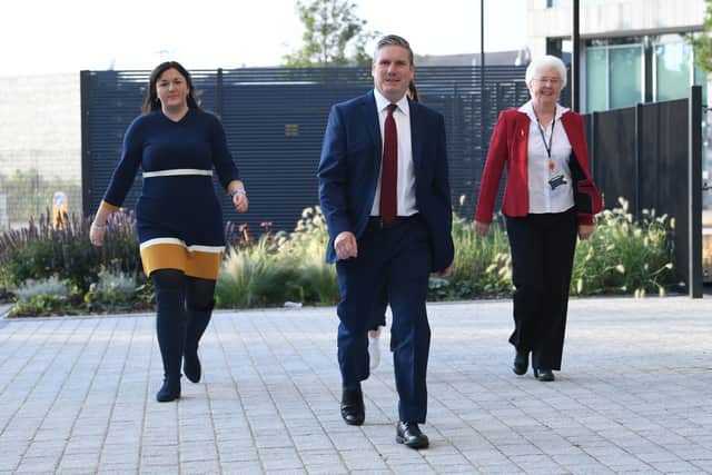 Labour leader Sir Keir Starmer arrives with the Mayor of Doncaster Ros Jones (right) and Ruth Smeeth to deliver his keynote speech during the party's online conference from the Danum Gallery, Library and Museum in Doncaster.