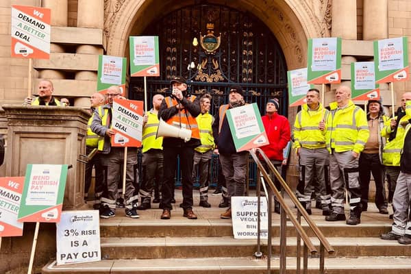 Sheffield refuse workers are being balloted for strike action after rejecting a pay two-year pay offer by Veolia. Pictured is GMB union members on strike in 2021 outside Sheffield Town Hall.