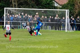 Iren Wilson fires Hallam FC into the lead against Brigg Town FC. Picture:  focussingonphotograhy.co.uk