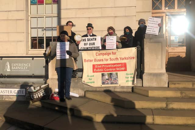 Campaigners rallied outside Barnsley Town Hall to demand councillors vote in favour of a motion which commits the council to deliver on the findings of its South Yorkshire Bus Review.