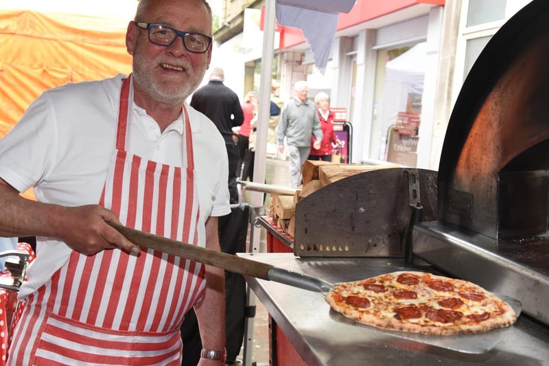 Geoff Holmes gets a pizza out of the oven at the Doncaster Food Festival  in 2017