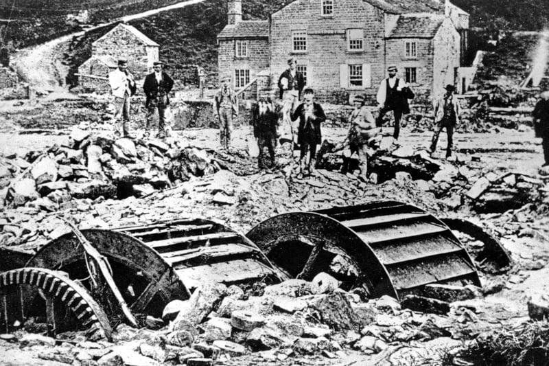 Damage at Rowell Bridge Wheel, Loxley, Sheffield, following the Great Sheffield Flood in March 1864. This sort of scene was repeated for mile after mile