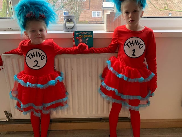 Betsy-Mae Denham, age 8 and Willow Denham age 5, from Southsea dressed as Thing 1 & Thing 2 from Cat in the hat for World book day.